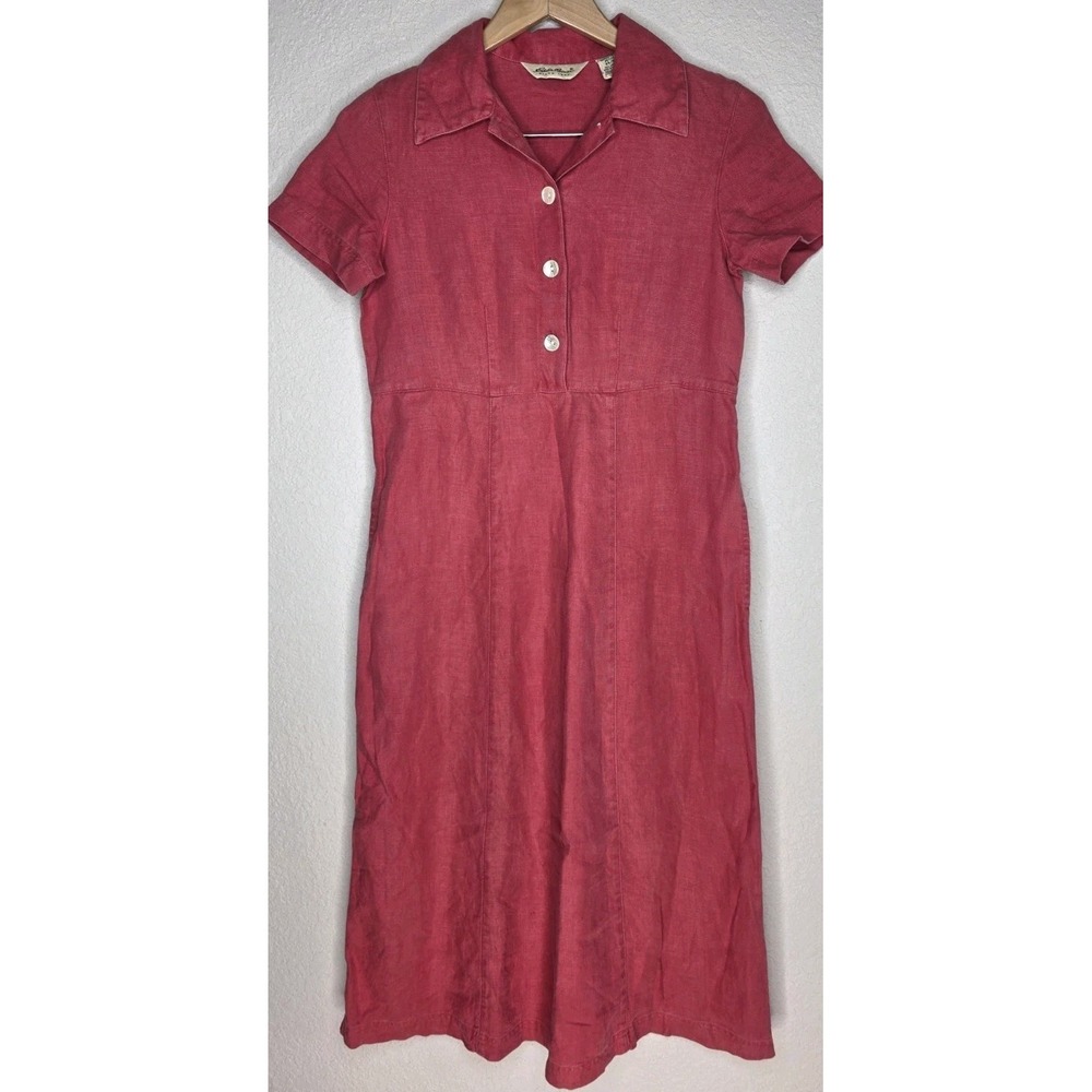 Vntg Eddie Bauer 100% Linen Button Front Shirt Dress Women XS Petite Y2K 80s 90s